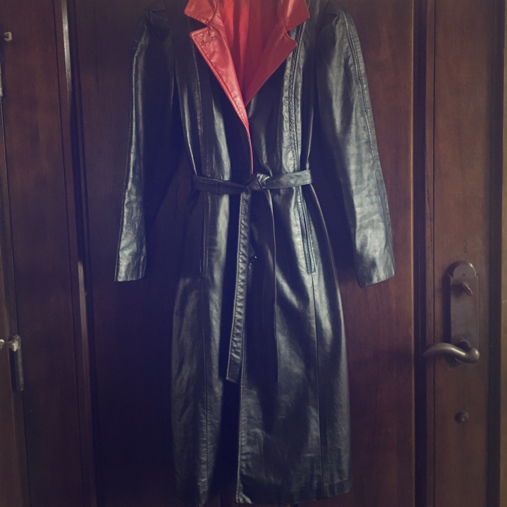 Long leather coat.